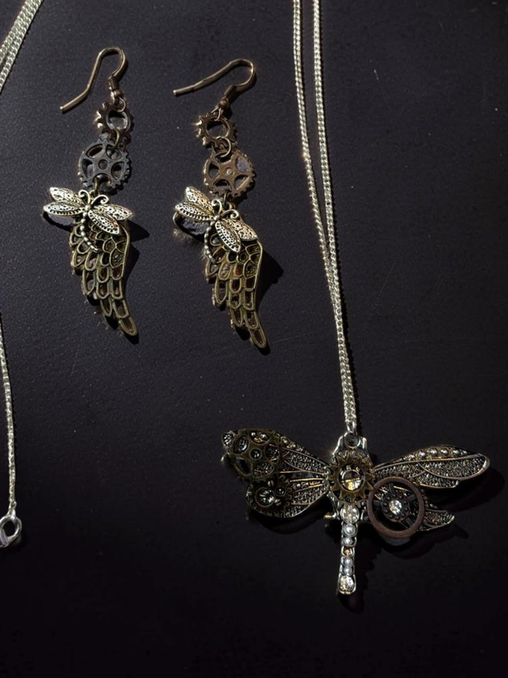 Antique Bronze Dragonfly Necklace & Wing Earrings Set